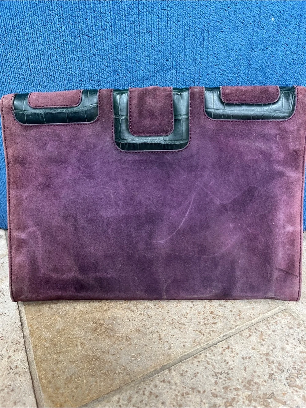 Roger Vivier Suede clutch w/Croc detail.   Loved and worn w/lots more life.